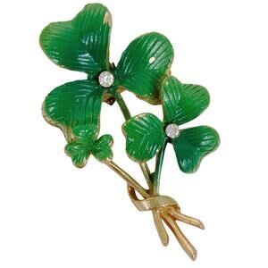 Vintage Signed ROMA Shamrock Brooch Mid Century St Patricks Green Clover Pin